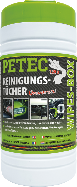 PETEC Reinigungstücher Wipes Intensiv Reinigung 120 Stück 270 x 200mm wiederverschließbare Box PETEC