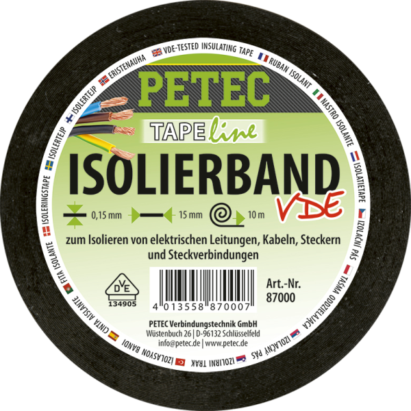 PETEC Isolierband Klebeband VDE geprüft, PVC, Schwarz, 10m 87000